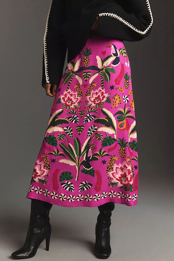 Creative Tropical Rainforest Unique Print High Rise Midi Skirt