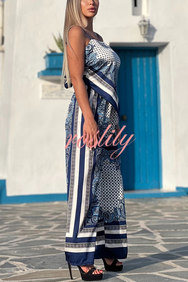 Unique Printed Sling Backless Strappy Top and Elastic Waisted Loose Pants Set