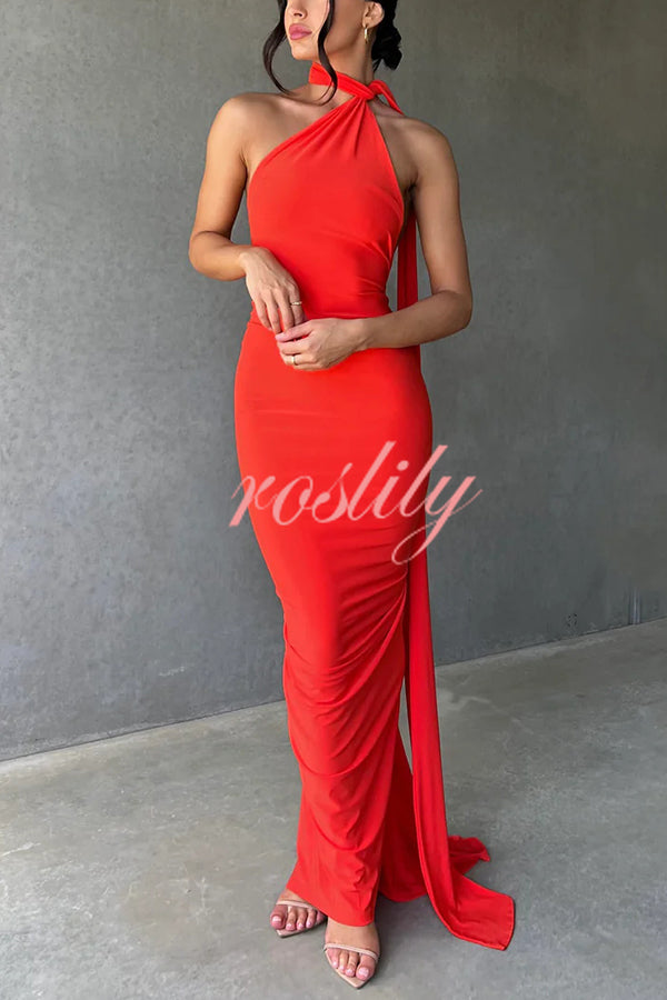 Sexy Backless Pleated Slim Solid Color Sleeveless Elegant Maxi Dress