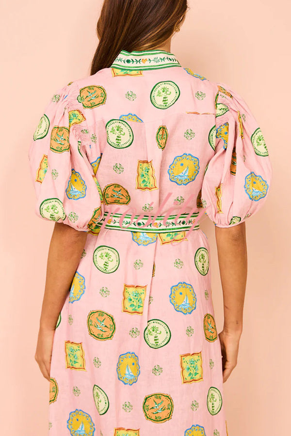 Orla Unique Print Balloon Sleeves Printed Belt Pocket Midi Dress