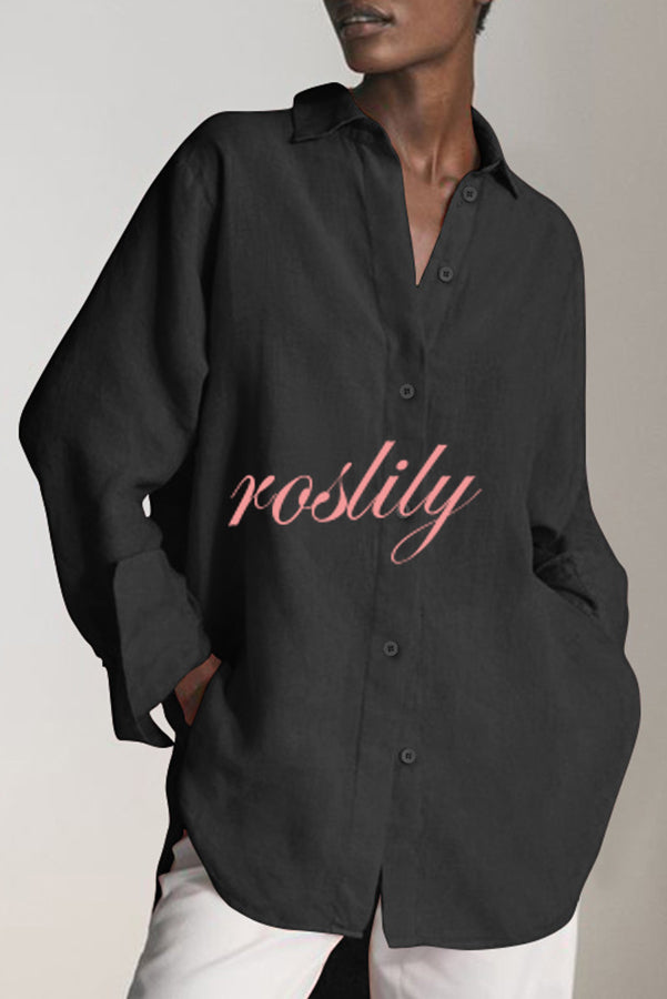 Reality Calling Linen Blend Solid Button Long Sleeve Loose Blouse