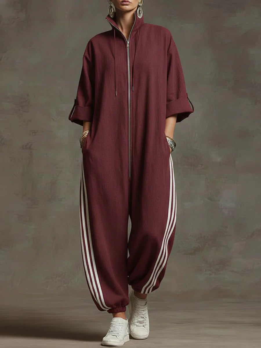 Stand-collar 3/4 Sleeve Casual Loose Hooded Linen Jumpsuit