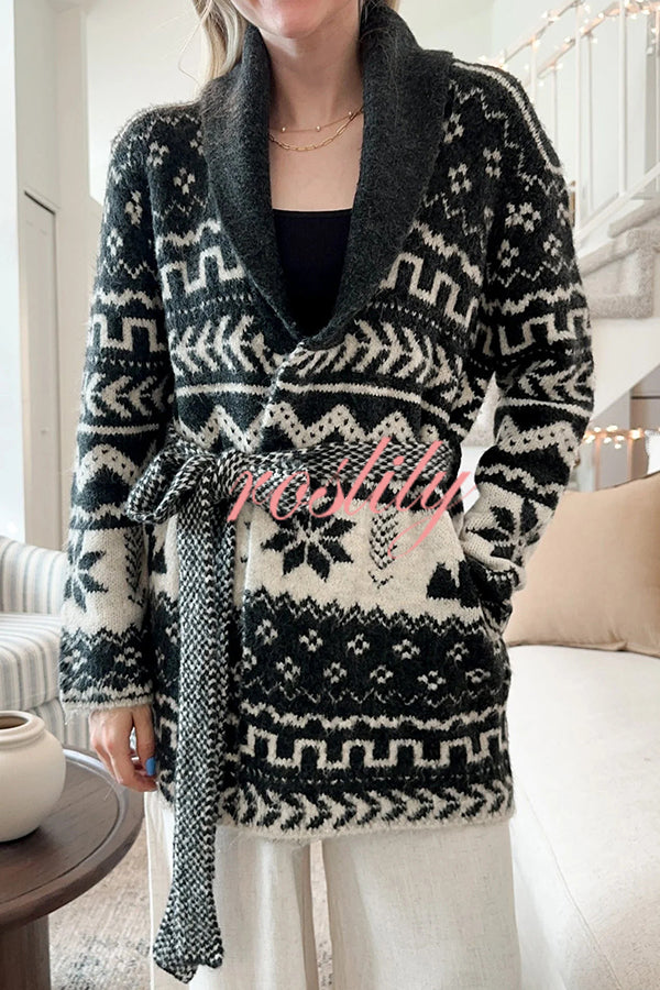 Winter Snowflake Waist Tie Lapel Midi Pocket Knit Cardigan