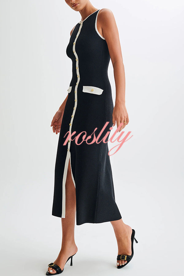 Elegant Slim Fit Crew Neck Buttoned Sleeveless Knit Midi Dress