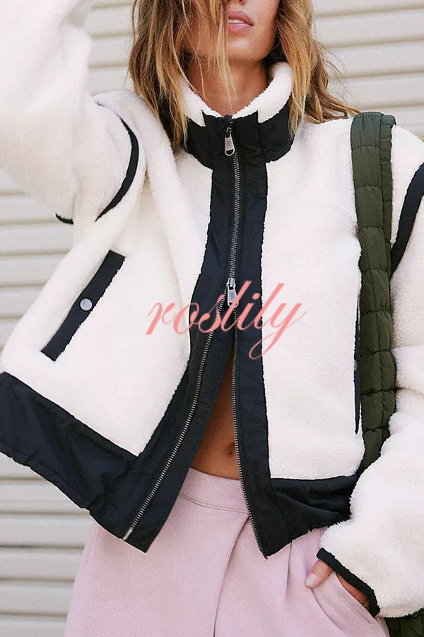 Stylish Patchwork Stand Collar Sherpa Zipper Jacket