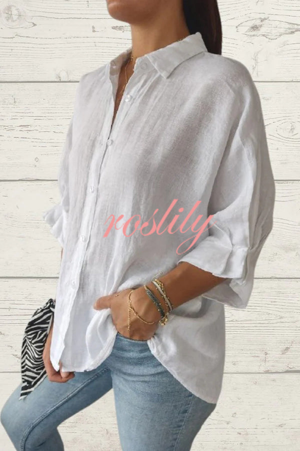 Linen Blend Solid Color Tie Back Loose Shirt Top