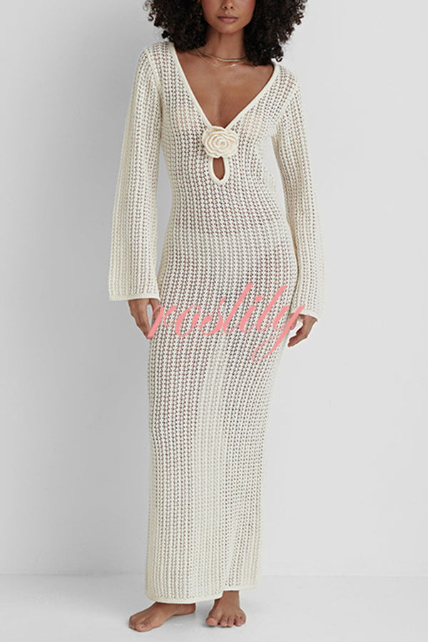 Bahamas Knit Long Bell Sleeve Sexy Backless Holiday Cover-up Maxi Dress