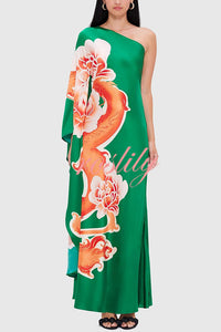 Elegance and Grace Satin Dragon Print One Shoulder Drape Sleeve Maxi Dress