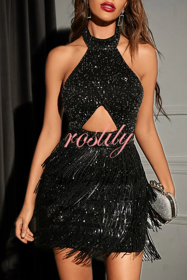 Dance Floor Focus Sequin Cut Out Fringe Trim Backless Halter Mini Dress