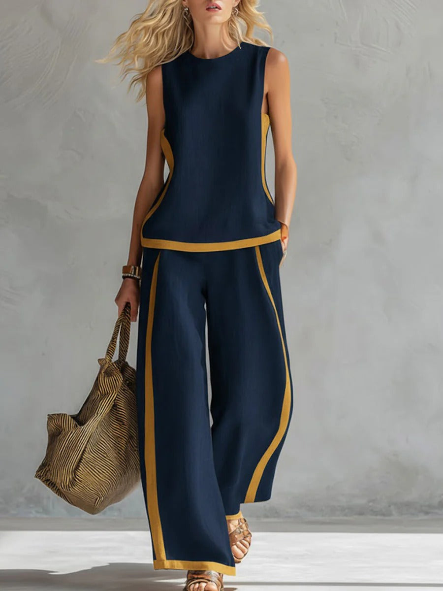 Round Neck Sleeveless Loose Top And High-waisted Wide-leg Pants Cotton And Linen Set