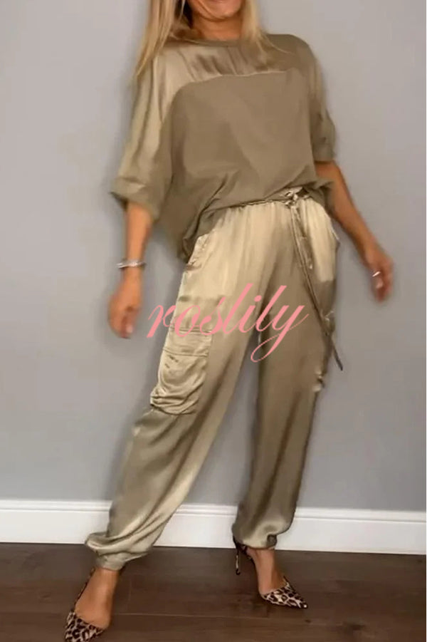 Calissa Smooth Satin Half-sleeved Top and Elastic Waist Pocket Pants Set