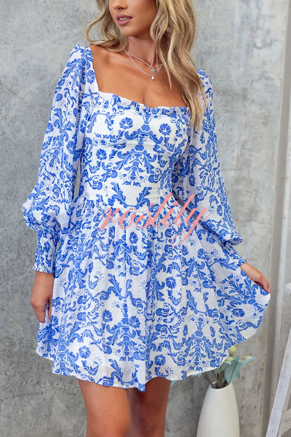 Formia Chiffon Unique Print Lantern Sleeve Back Smocked Mini Dress