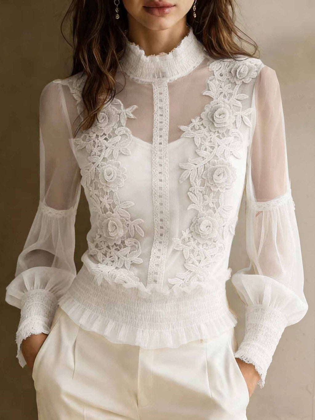 Lace High-Neck Sheer Blouse