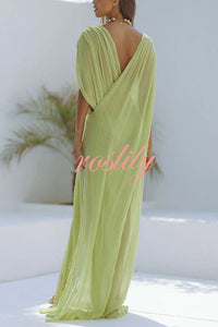 Enjoy Your Vacation Linen Blend Ruched Shoulder Drape Loose Cover Up Maxi Dress