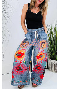 Hippie Style Unique Floral Denim Print Elastic Waist Pocketed Wide Leg Pants