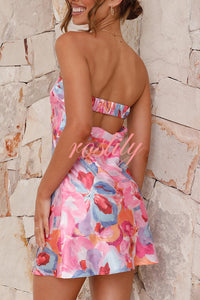 Dreamworld Satin Floral Print Sexy Strapless Backless Mini Dress