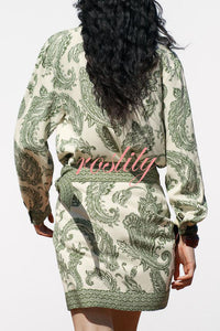 Blend Into Leaves Linen Blend Unique Print Long Sleeve Blouse and Wrap Tie-up Mini Skirt Set