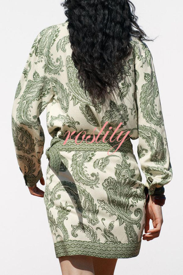 Blend Into Leaves Linen Blend Unique Print Long Sleeve Blouse and Wrap Tie-up Mini Skirt Set