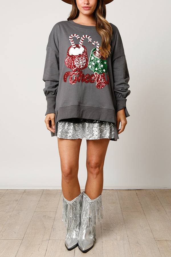 Christmas Candy Cup Sequined Casual Loose Sweatshirt