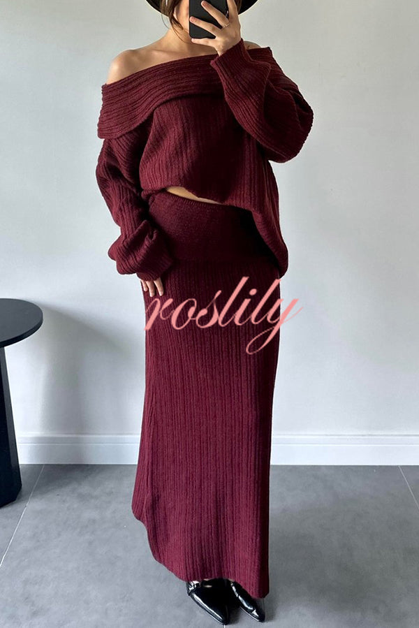 Luka Ribbed Knit Off Shoulder Long Sleeve Sweater and Stretch Maxi Skirt Set