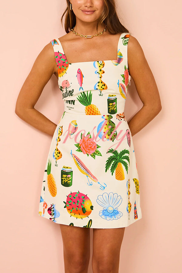 Summer Colorful Fruit Unique Print Tie-back Mini Dress