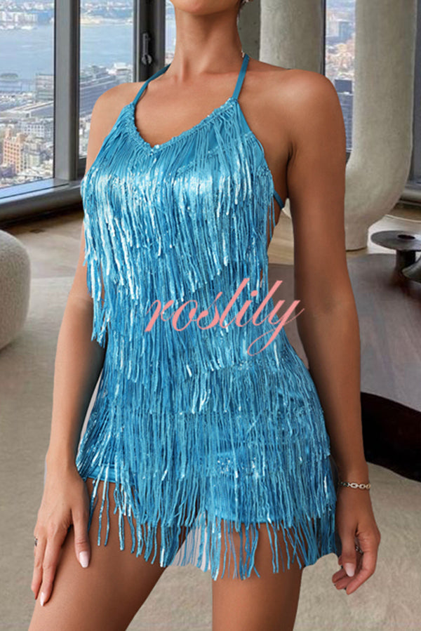 Shiny Sexy Halterneck Backless Lace-up Fringed Sequin Rompers