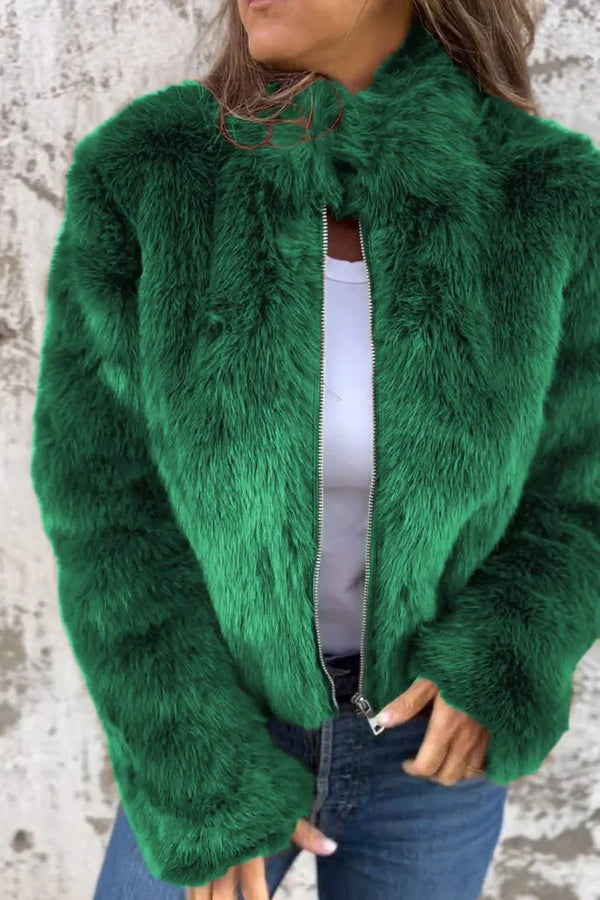 Stylish Faux Fur Turtleneck Zipper Casual Jacket