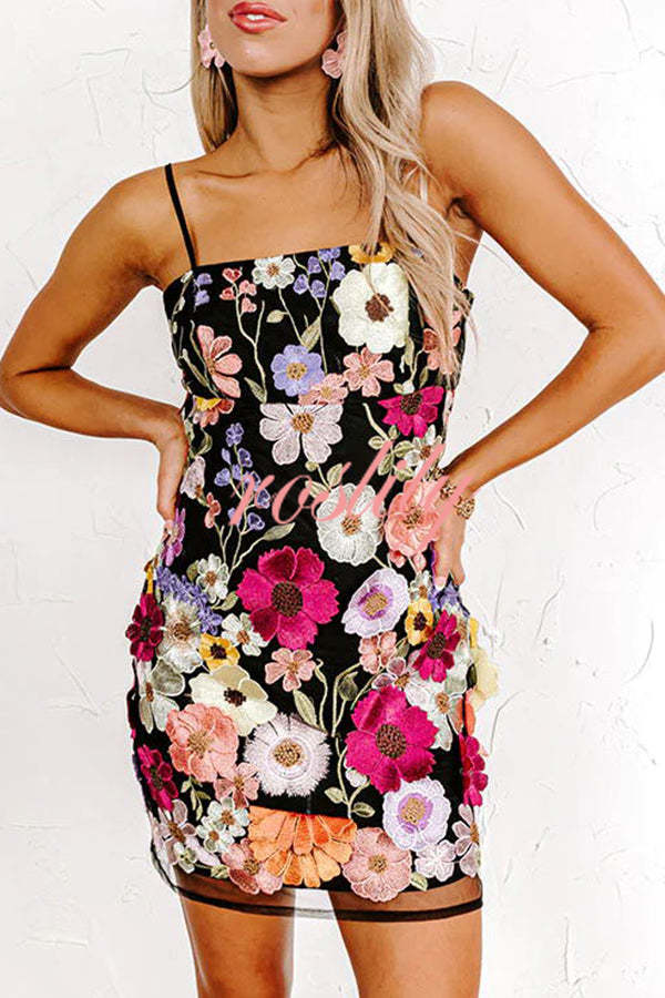 Dream World Embroidered Floral Applique Adjustable Straps Mini Dress