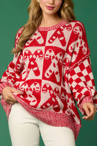 Christmas Candy Plaid Round Neck Long Sleeve Loose Knit Sweater