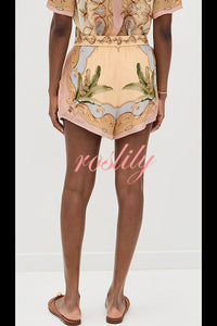 Royalty Unique Print Button Up Short Sleeve Shirt and Elastic Waist Pocketed Loose Shorts Set