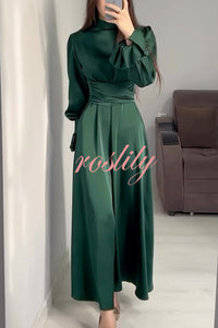 Solid Color Ruffled Sleeves Waisted Tie Slim Fit Maxi Dress