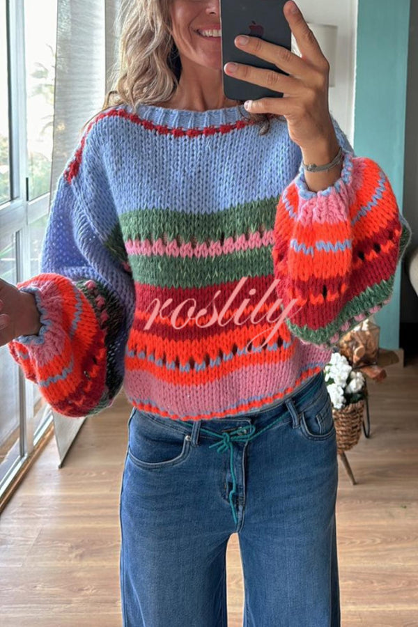 Rainbow Mood Multicolor Round Neck Hollow Long Sleeve Knitted Sweater