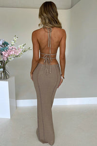 Effortlessly Cool and Sexy Knit Crochet Cutout Halter Tie-up Stretch Maxi Dress