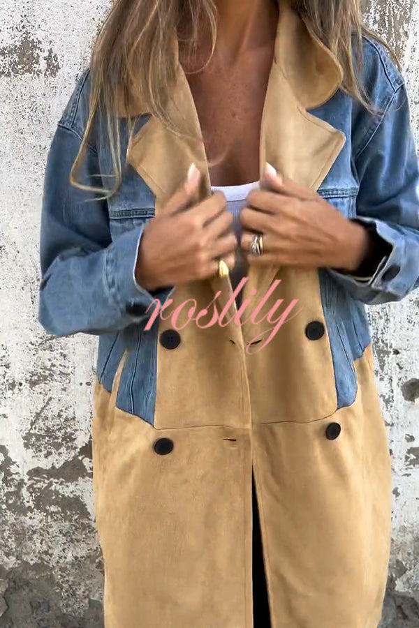 Fashion Lapel Long Sleeve Pocket Mid-length Denim Patchwork Jacket