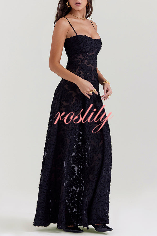 Romantic Vintage Feel Jacquard Fabric Back Lace-up Slip Floaty Maxi Dress