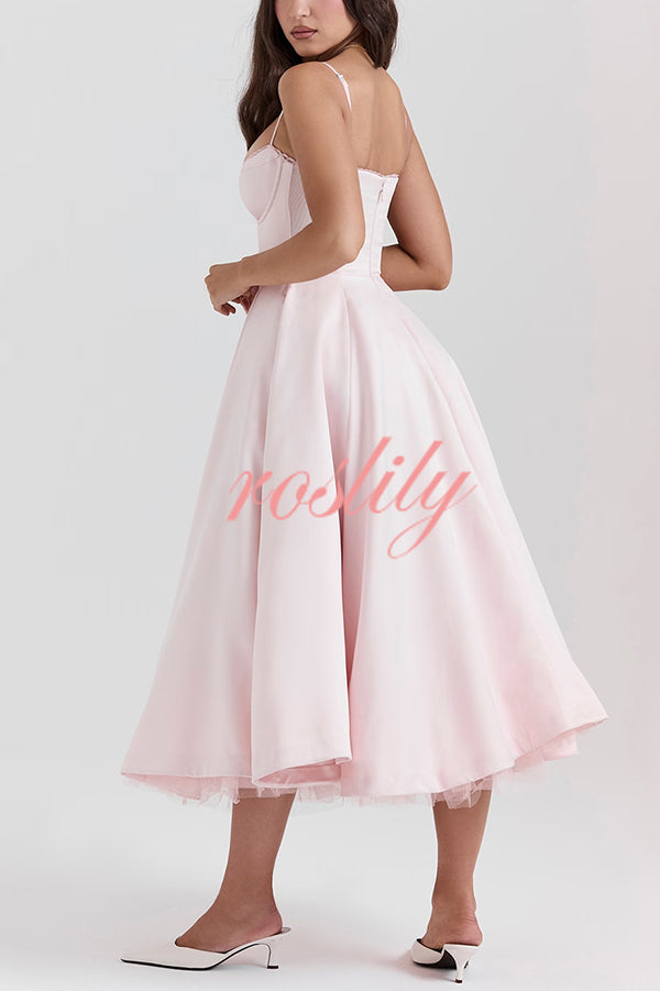 Fairytale Vibe Satin Patchwork Tulle Sweetheart Neck Pocket Stretch Midi Dress