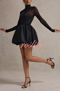 Elegant Mesh High Neck Long Sleeve Puff Hem Slim Sexy Mini Dress