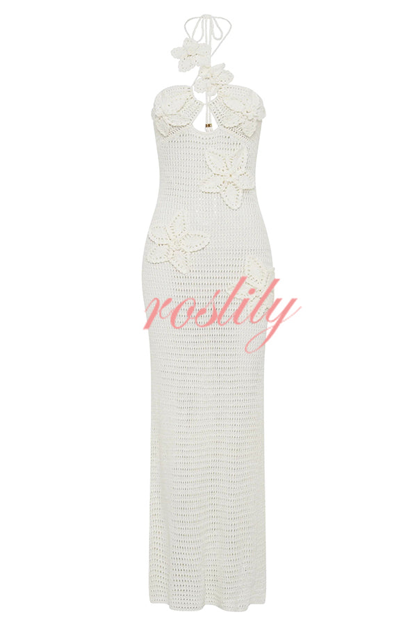 Call It Chic Knit Floral Crochet Halter Fishtail Hem Maxi Dress