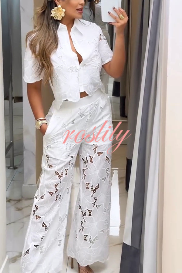 Solid Color Hollow Lace Lapel Short-sleeved Top and Elastic Waist Loose Pocket Pants Set