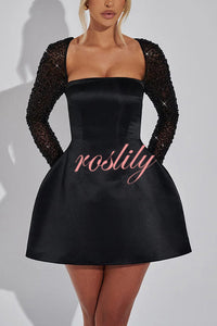 Like A Doll Sequin Long Sleeve Satin Pocketed Bubble Shape Mini Dress