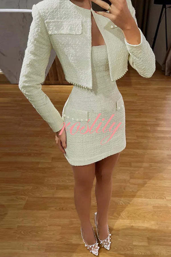 Stylish and Elegant Tweed Pearl-embellished Long-sleeved Jacket