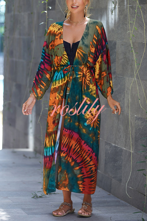 Unique Print Loose Lace Up Holiday Maxi Cover Up