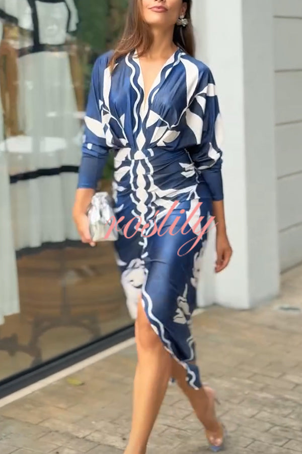 Caliana Unique Print Dolman Long Sleeve Ruched Slit Midi Dress