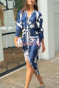 Caliana Unique Print Dolman Long Sleeve Ruched Slit Midi Dress