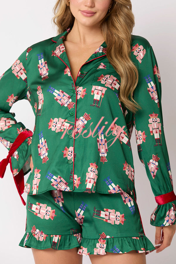 Christmas Fashion Printed Bow Tie Top and Elastic Waist Ruffle Shorts Set