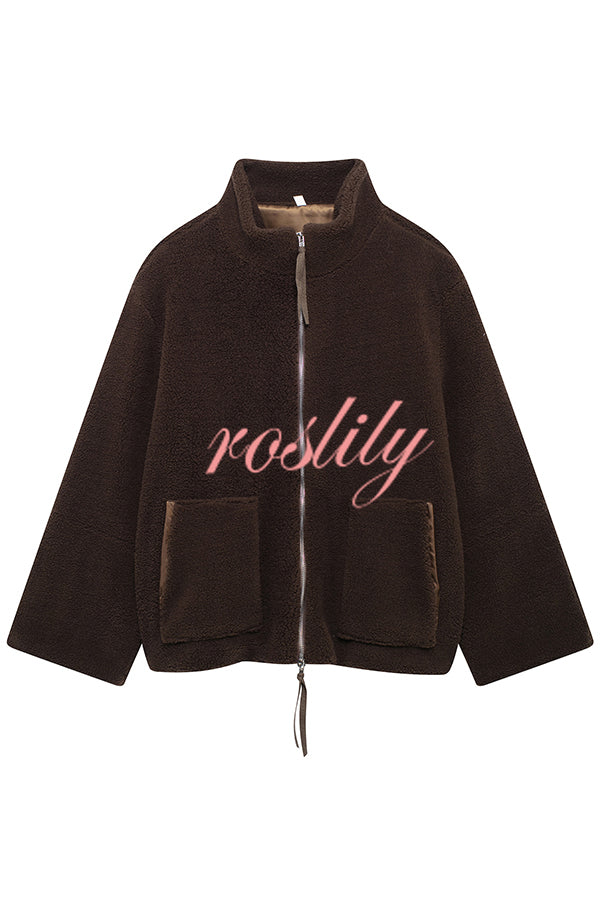 Solid Color Stitching High Collar Long Sleeve Loose Pocket Woolen Coat