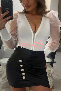 Solid Color Zip Front Sheer Puff Sleeves Bodysuit