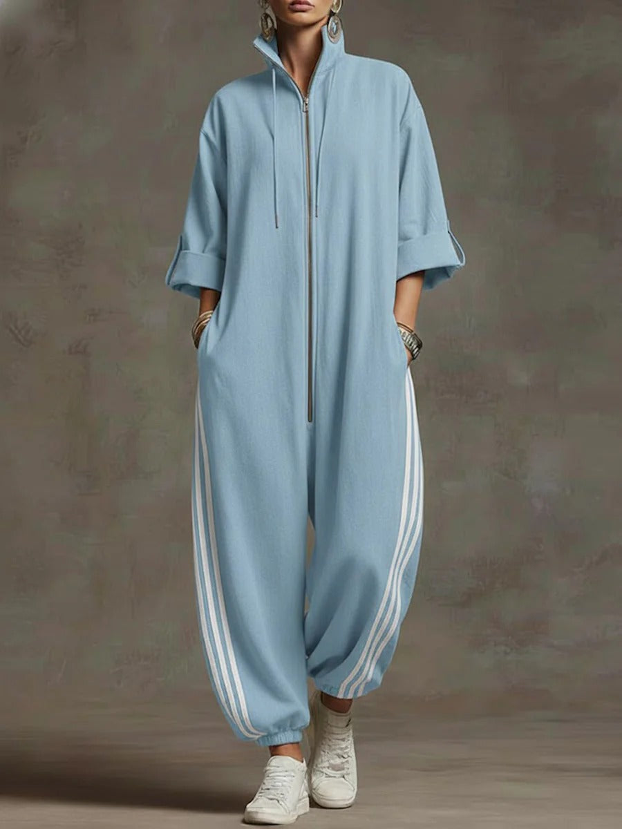 Stand-collar 3/4 Sleeve Casual Loose Hooded Linen Jumpsuit