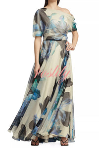 Unique Printed Bohemian Short-sleeved One-shoulder Maxi Dress