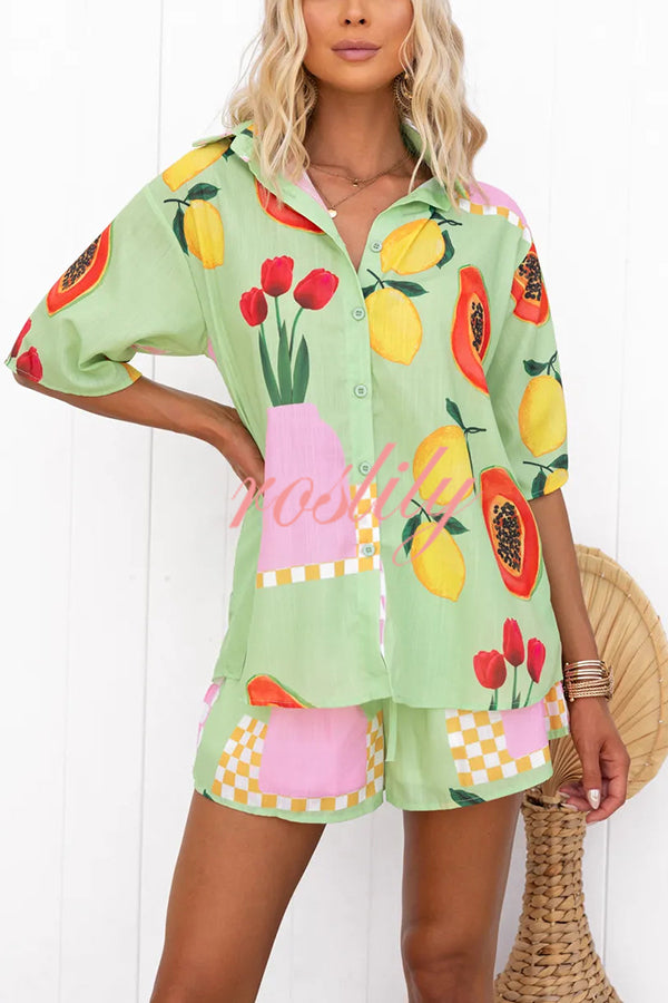 Summer Days Unique Fruit Print Loose Shirt and Elastic Waist Shorts Set